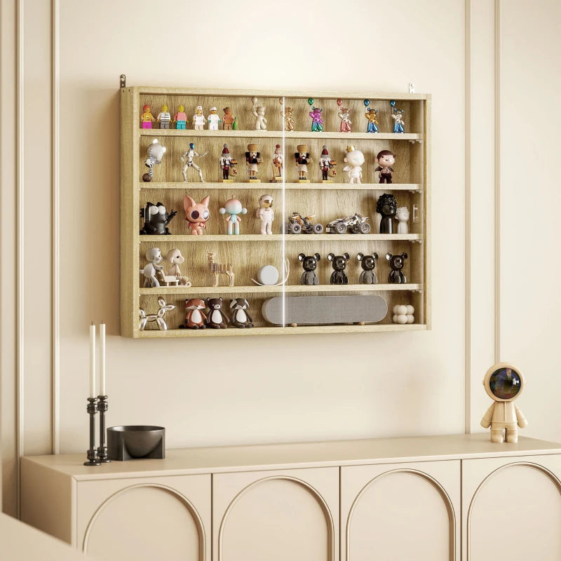 5-Tier Oak Wall Display Shelf Unit with Glass Doors & 4 Adjustable Shelves - Perfect for Home Office Ornaments 60x80cm