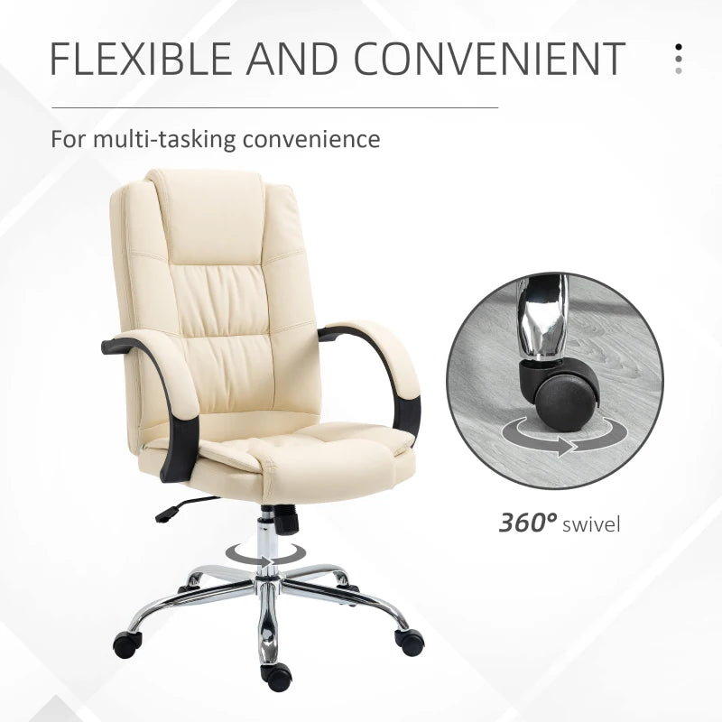 Vinsetto Beige PU Leather Office Chair - Adjustable Height, Soft Padded Seat & Backrest, Swivel Rolling Desk Chair