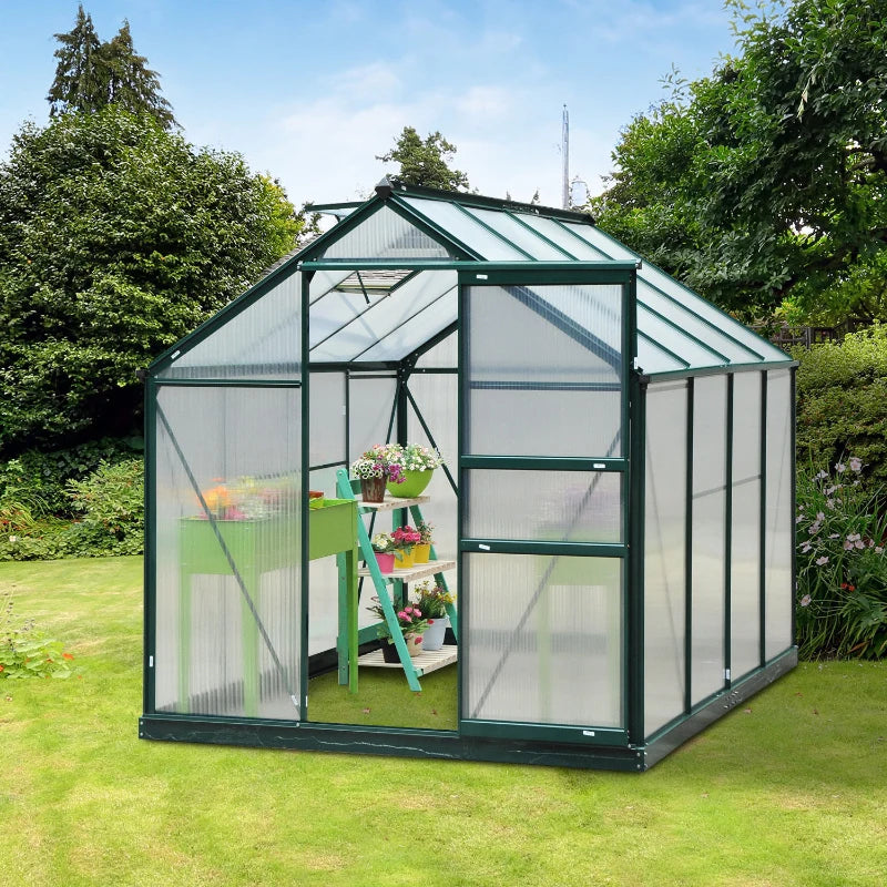 Dark Green 6x8ft Polycarbonate Walk-In Greenhouse with Slide Door and Window