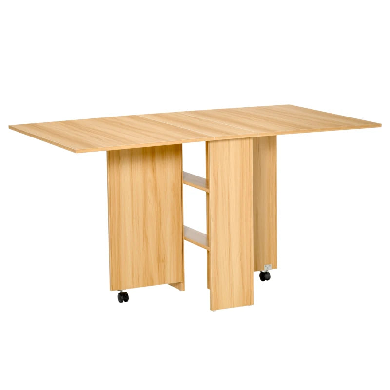 Folding Dining Table with Drop Leaf - Space-Saving Rectangular Tabletop & Storage Shelves for Kitchen & Dining Room - Teak Finish
