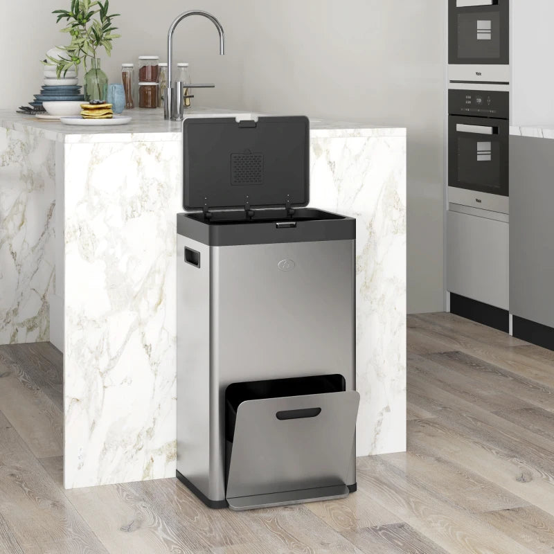 56L Triple Compartment Stainless Steel Kitchen Bin with Deodoriser Holders & Wheels - Stylish Silver Tone Waste Solution