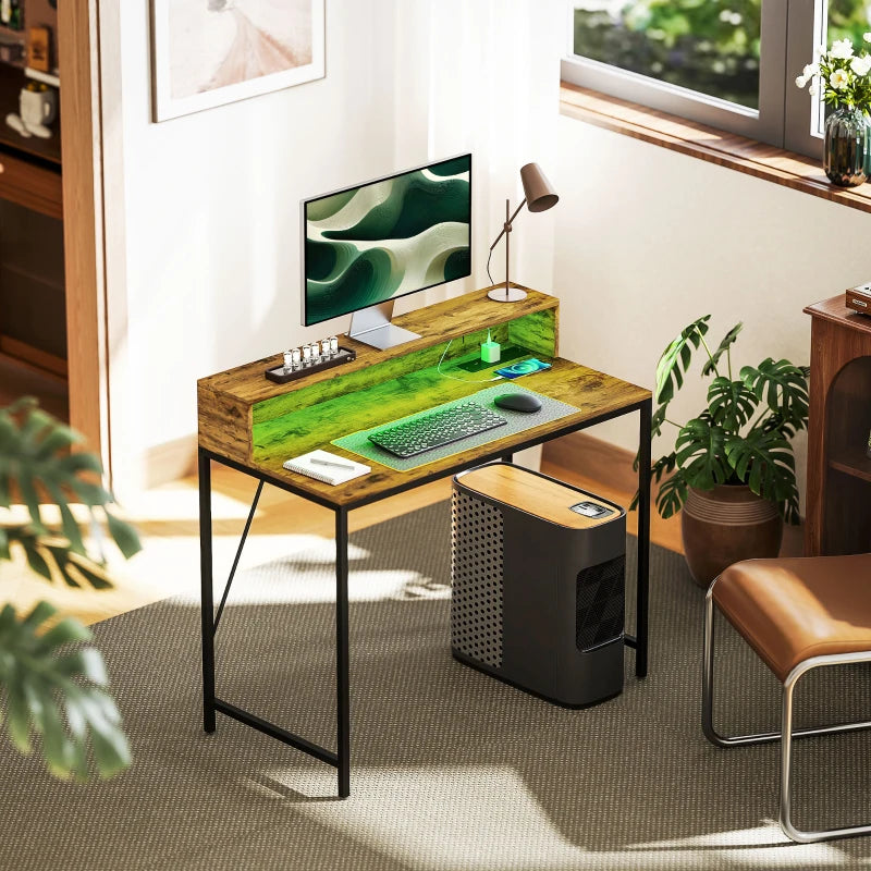 100cm Rustic Brown Computer Desk with LED Lights & Power Outlets, Gaming Table with Monitor Stand & Remote for Home Office