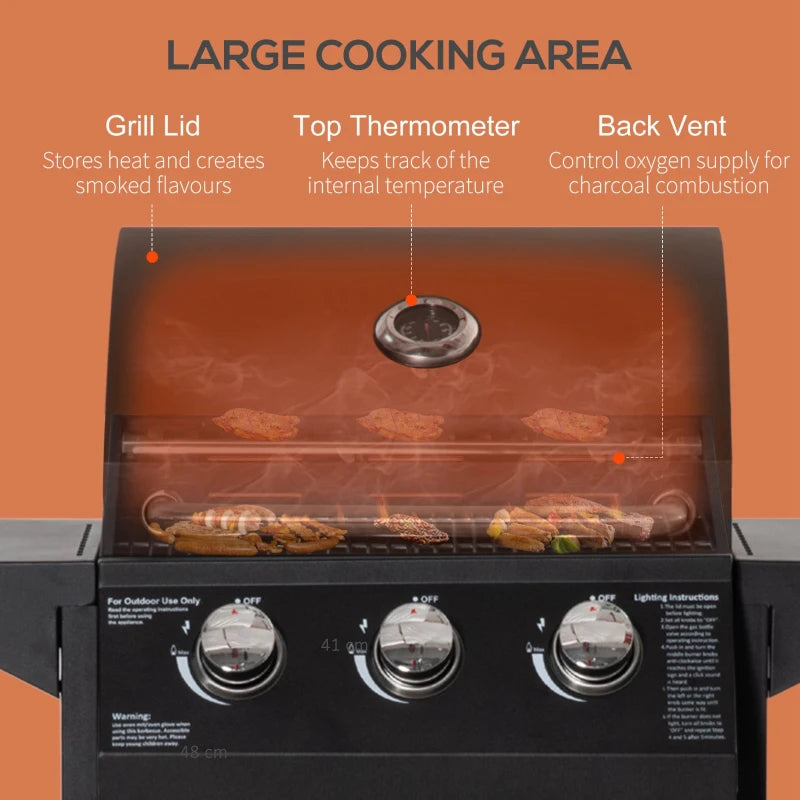 Black 3-Burner Gas BBQ Grill with Side Shelves & Storage Cabinet