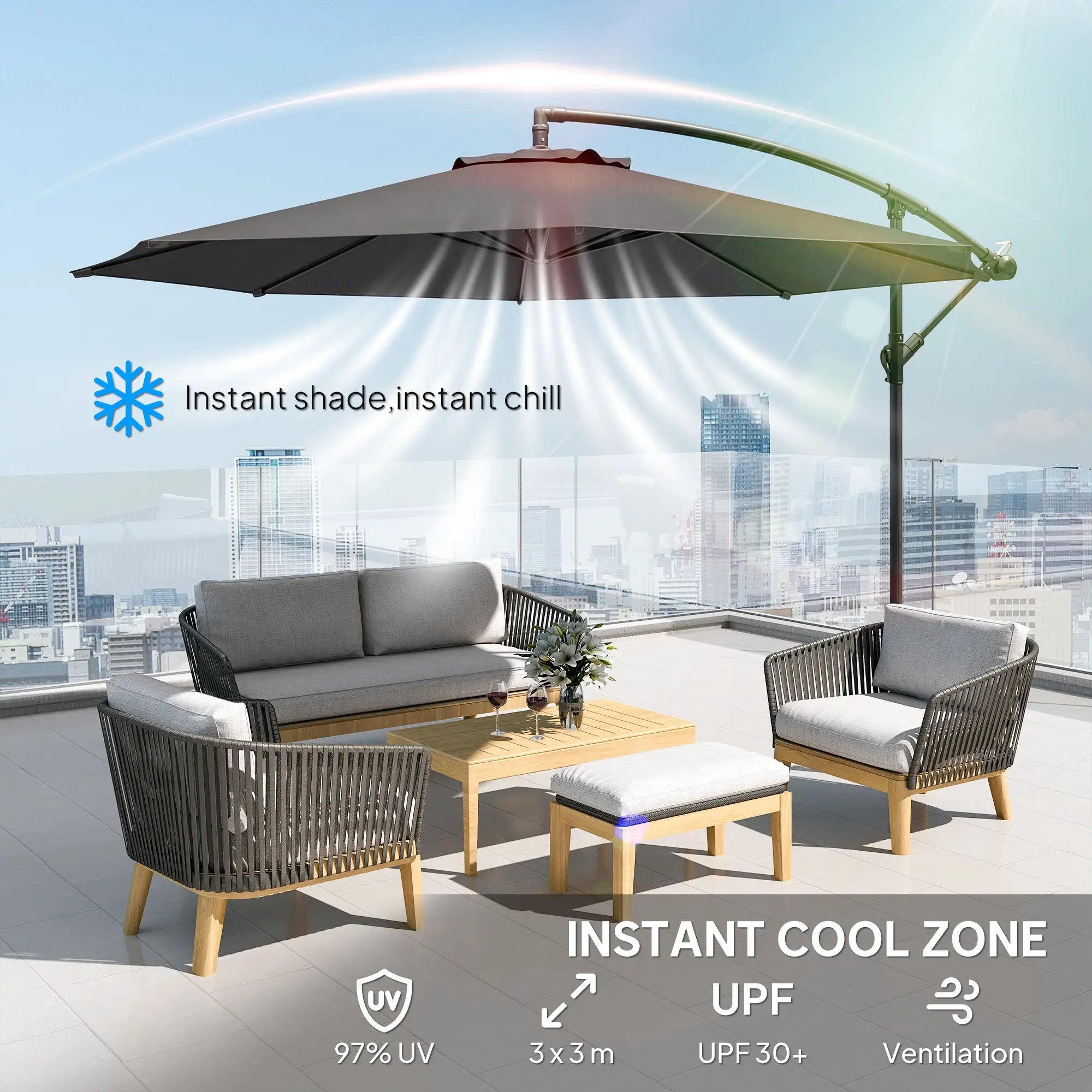3m Overhang Cantilever Garden Parasol with Steel Frame, 8-Rib Support & Cross Base – Easy Crank Shade Umbrella (Grey)