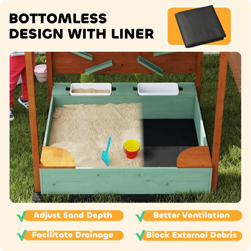 Wooden Sandpit with Canopy and Storage Bins for Kids Outdoor Play 116x112.5x128 cm Green