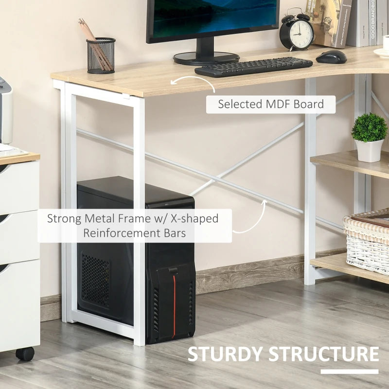 L Shaped Folding Desk with 2-Tier Storage Shelf - Corner Computer Desk for Home Office, Easy Assembly, Oak Tone, 120x72.5cm