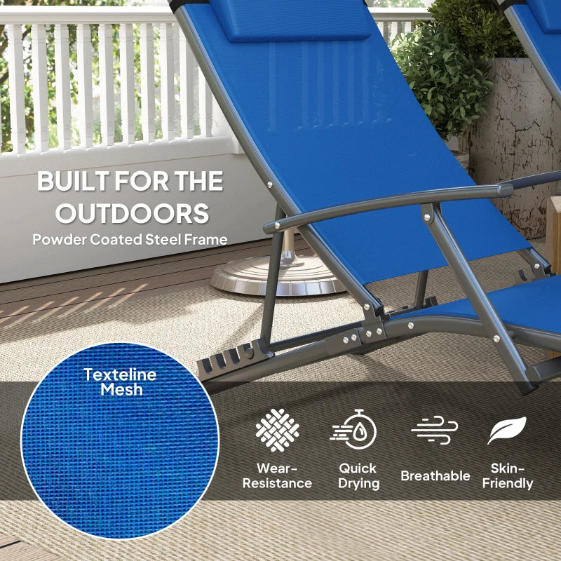 Set of 2 Blue Folding Sun Loungers - Adjustable 4 Position Outdoor Chaise Lounge Chairs with Armrests and Pillows, Steel Frame Sunbed Recliners for Garden, Patio, Beach and Poolside