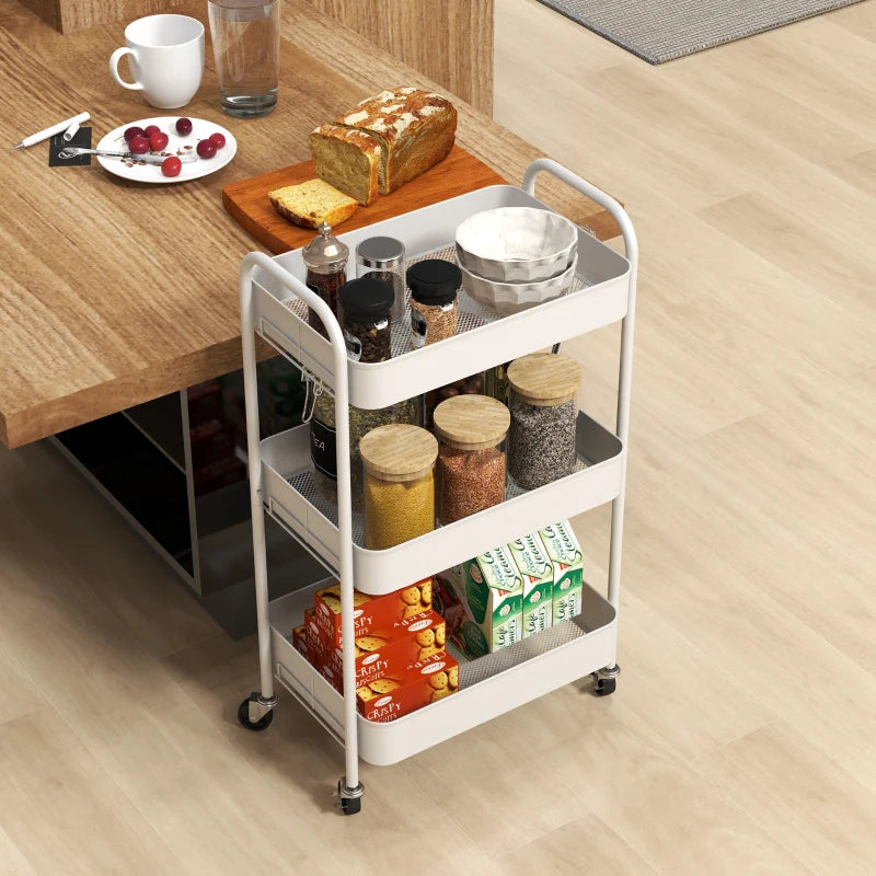 Three-Tier White Steel Storage Trolley - Versatile Rolling Cart for Kitchen, Office, and Home Organization