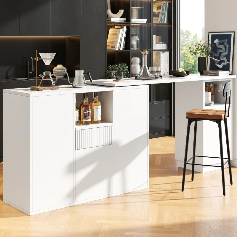 360° Swiveling Bar Table with Marble Top & Open Storage - Stylish Kitchen & Living Room Furniture, 198.5L x 30W x 72.5H cm, White