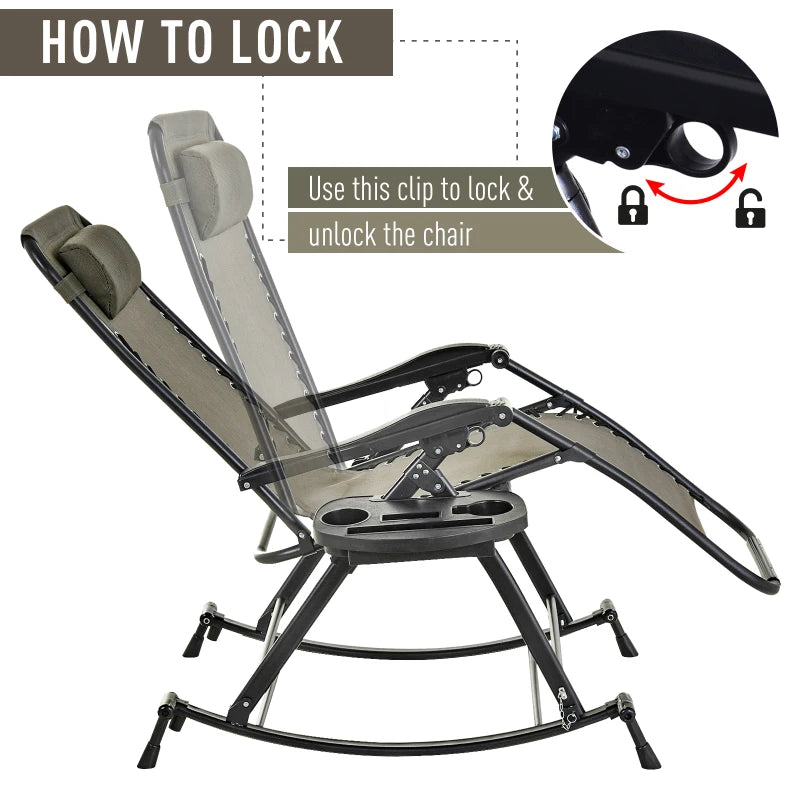 Grey Folding Rocking Sun Lounger Chair with Headrest and Side Holder