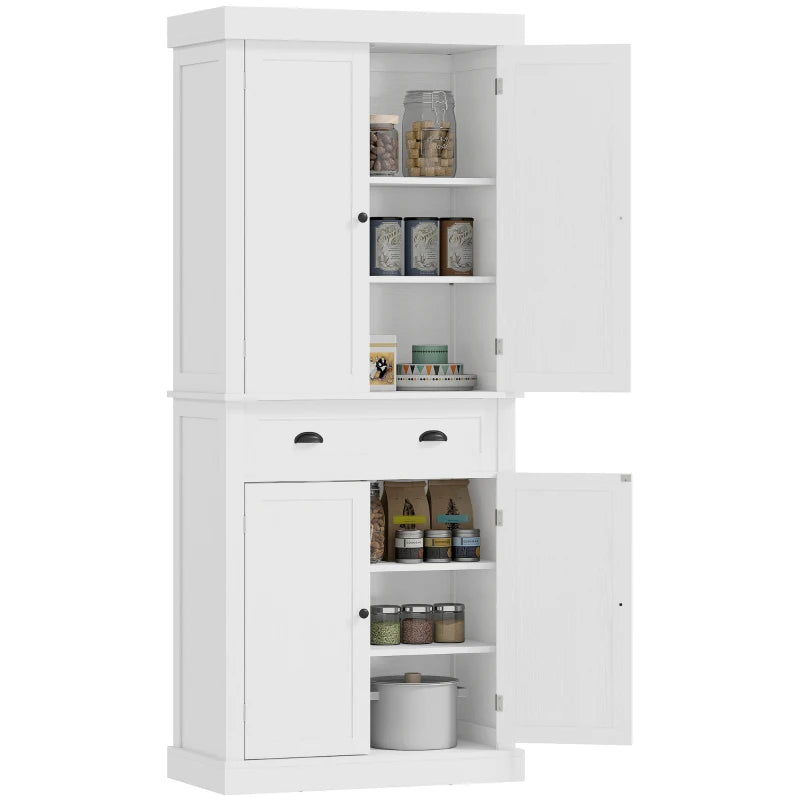 Freestanding 184cm Tall Kitchen Cupboard - Colonial 4-Door Pantry Storage Cabinet with Drawer, White Finish