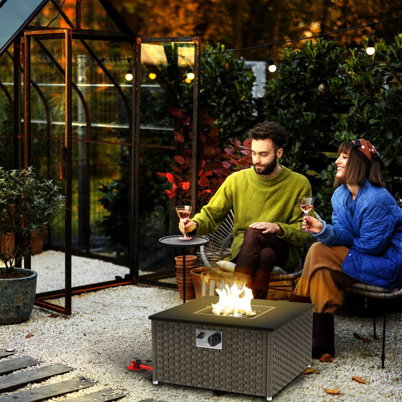 Rattan Gas Fire Pit Table - 13KW Smokeless Propane Heater, Square Outdoor Coffee Table with Lid, 58x58x33cm, Grey
