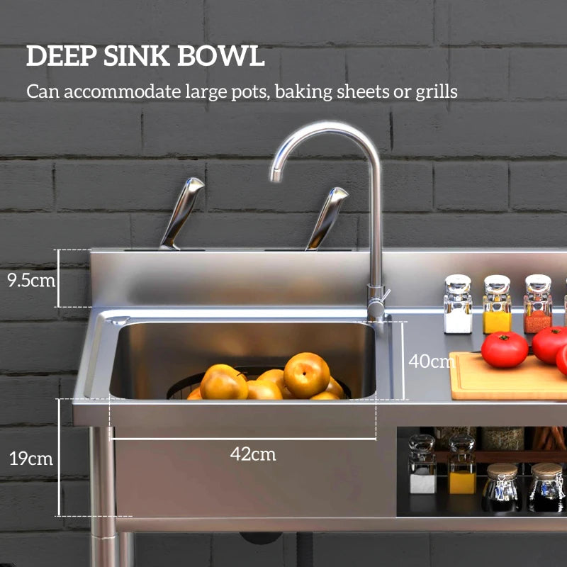 Outdoor Stainless Steel Kitchen Sink - Freestanding Single Bowl with Hot & Cold Water, Storage Shelves for Easy Access