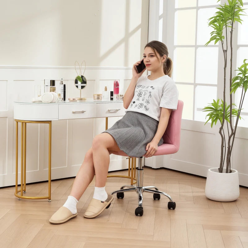 Pink PU Leather Armless Office Chair - Modern Swivel Computer Chair with Rolling Wheels & Adjustable Height for Home & Study