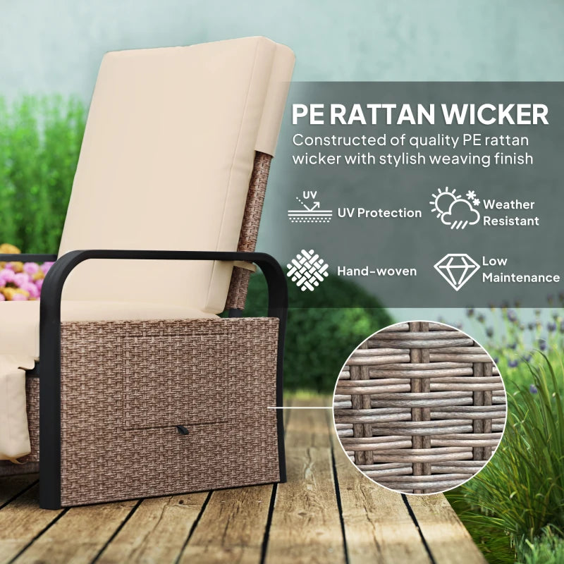 140° Reclining Rattan Armchair - Brown and Khaki Outdoor Lounge Chair for Comfort