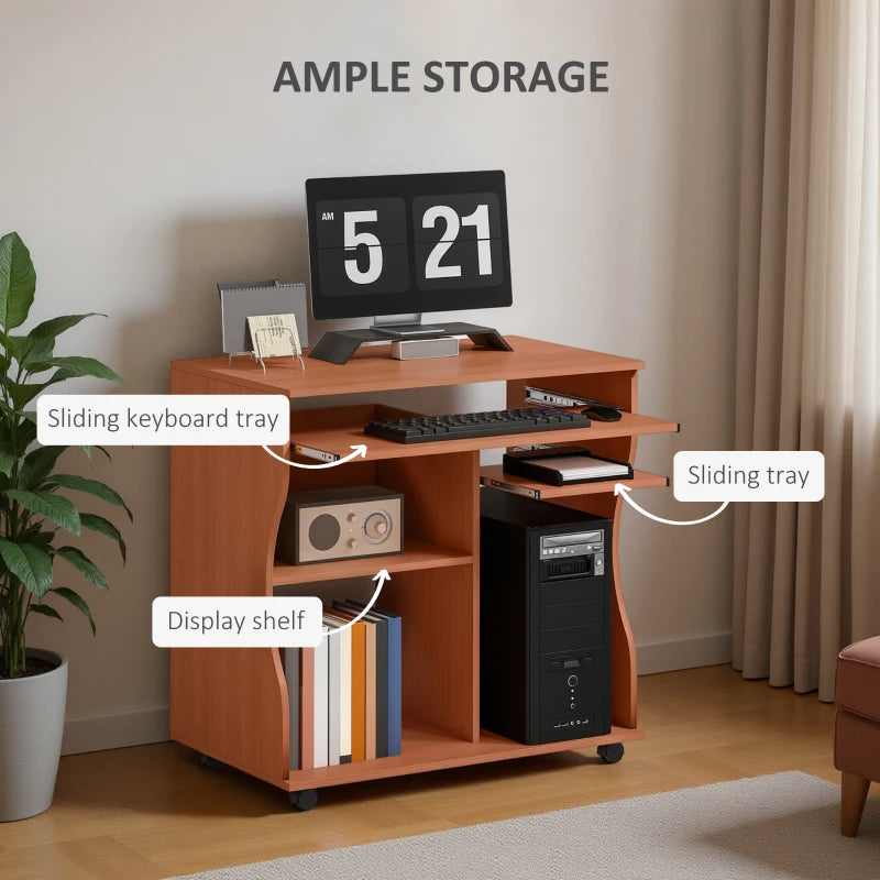 Multi-Storage Compact Work Desk on Wheels - Cherry Wood Finish, Space-Saving Home Office Furniture