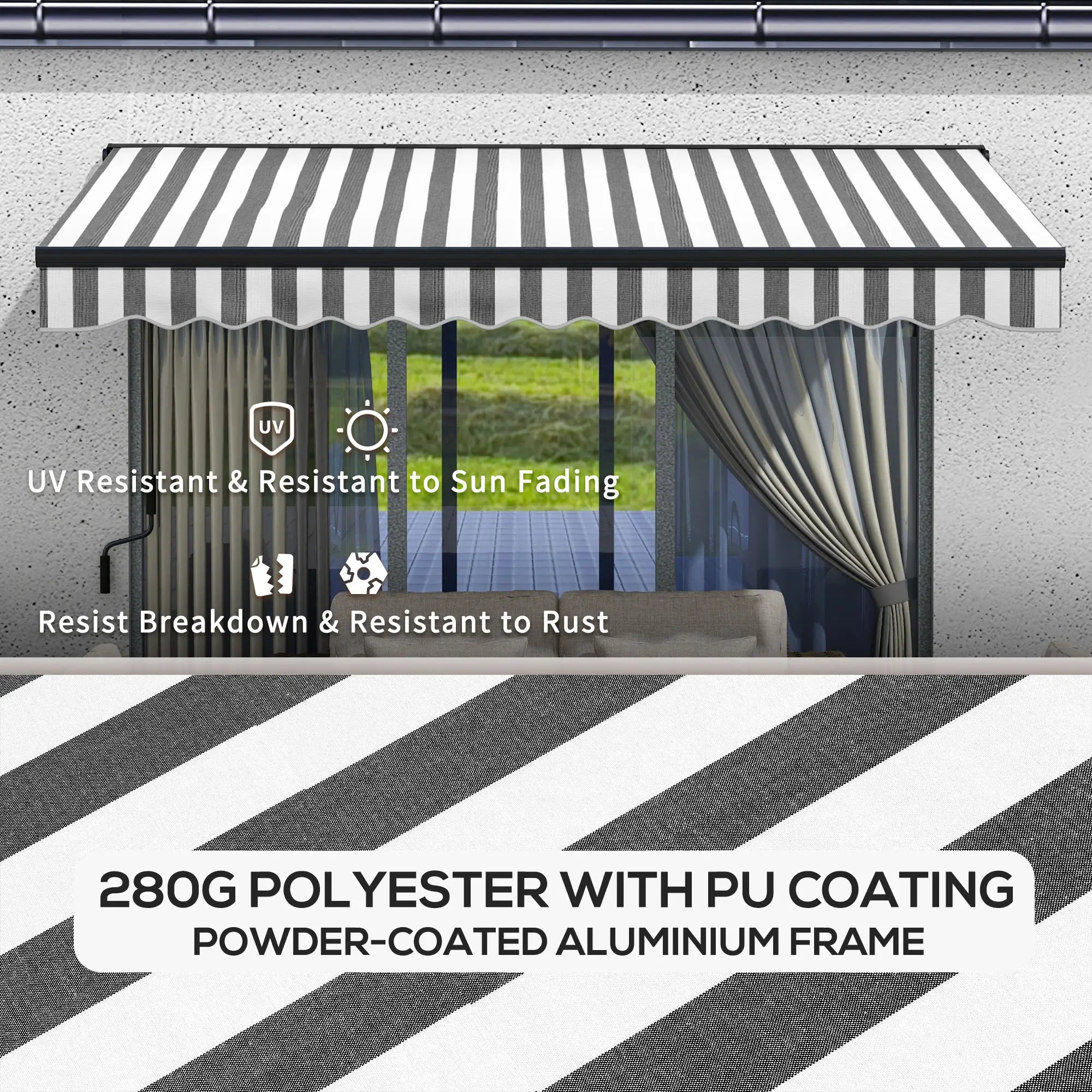 Striped 2.5m x 3.5m Aluminium Frame Electric Awning With Remote - Grey/White