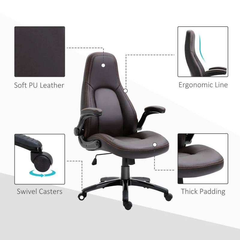 Vinsetto Gaming Chair - PU Leather Office Swivel Desk Chair with Adjustable Arms, Padded Seat & Rolling Wheels - Coffee Color