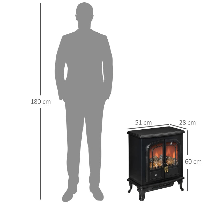 Electric Fireplace Stove Heater with LED Flame Effect Freestanding Portable Overheat Protection 1000W 2000W Black