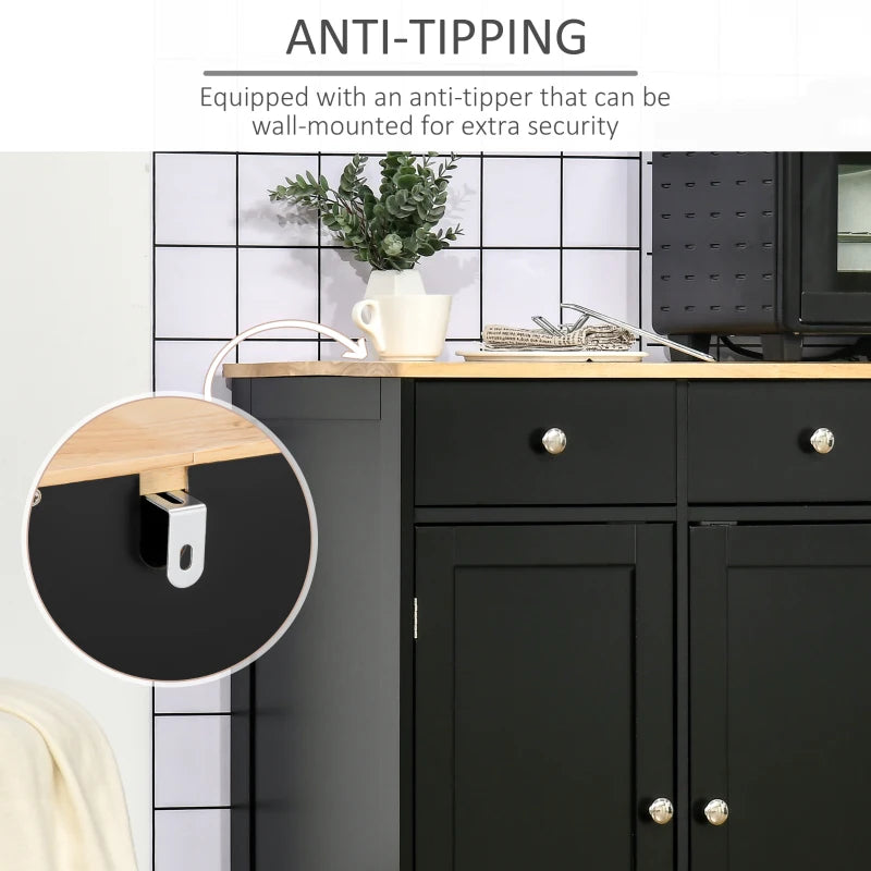 Elegant Black Sideboard with Rubberwood Top & Adjustable Shelves - Perfect for Dining Room & Kitchen Storage