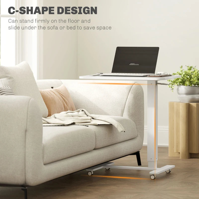Height Adjustable Pneumatic Standing Desk - Mobile Overbed Table with Wheels for Home Office & Laptop - White Finish