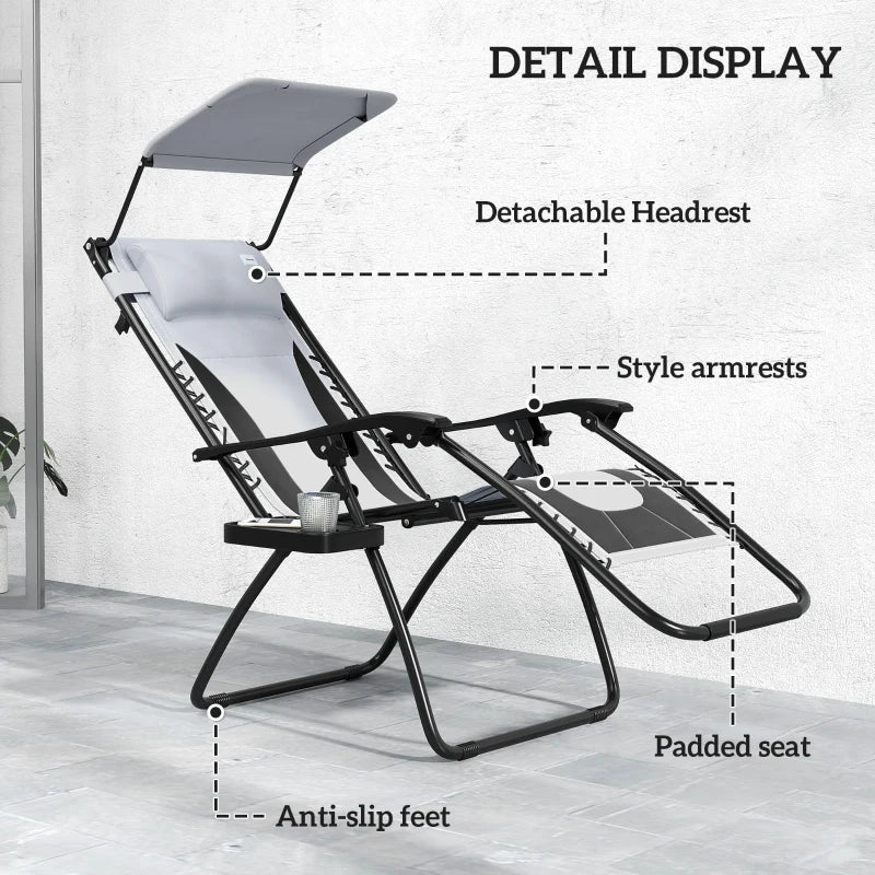 Zero Gravity Lounger Chair Set of 2 - Folding Reclining Patio Chairs with Shade Cover, Padded Seat, Cup Holder, Soft Cushion and Headrest - Light Grey
