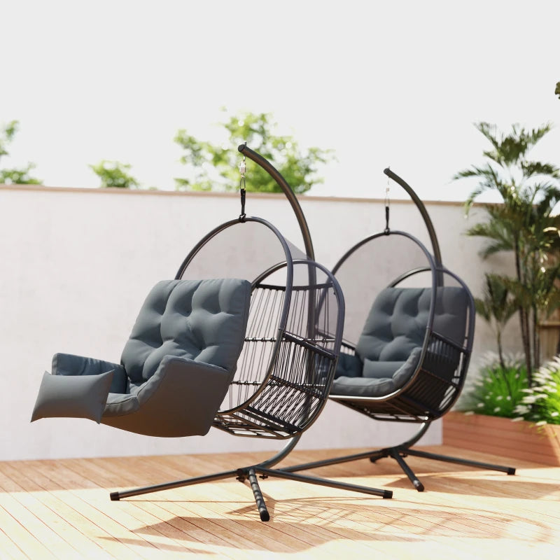 Hanging Egg Chair with Stand - Indoor Outdoor Swing Hammock, Cushions, Adjustable Height, Dark Grey