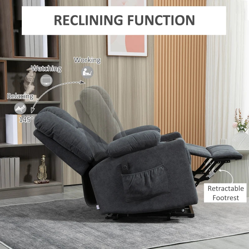 Oversized Riser Recliner Chair for Elderly - Fabric Lift Chair with Remote, Side Pockets, Cup Holder in Charcoal Grey