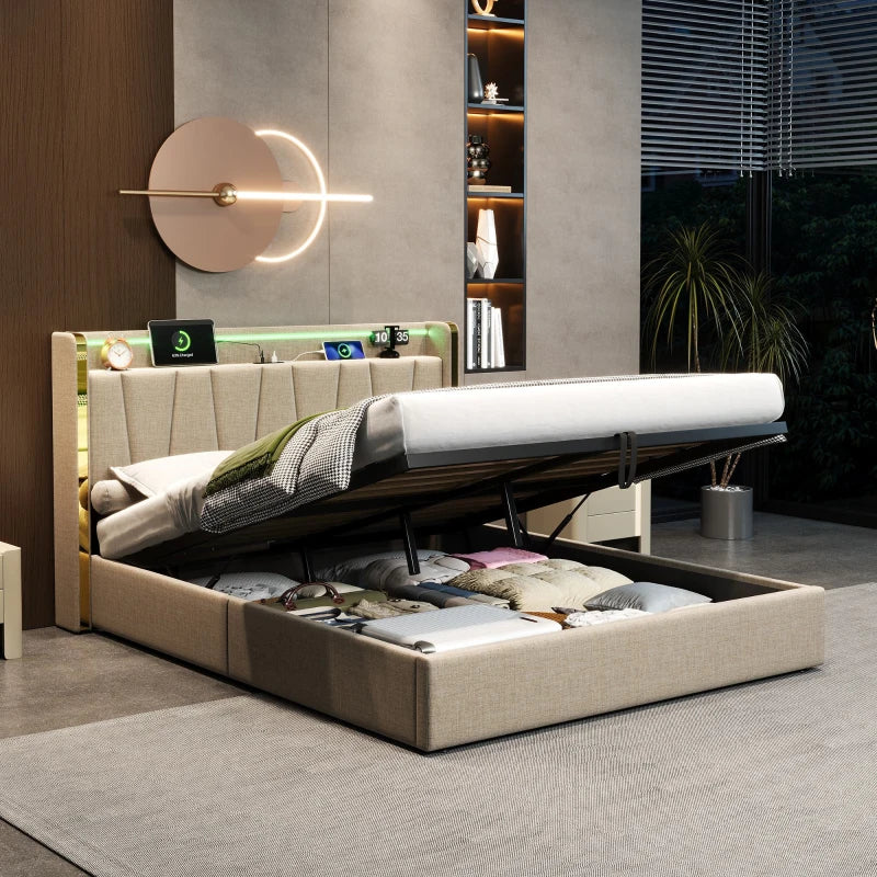 Double Upholstered Bed Frame with Hydraulic Storage and LED Headboard USB Type-C Charging Beige