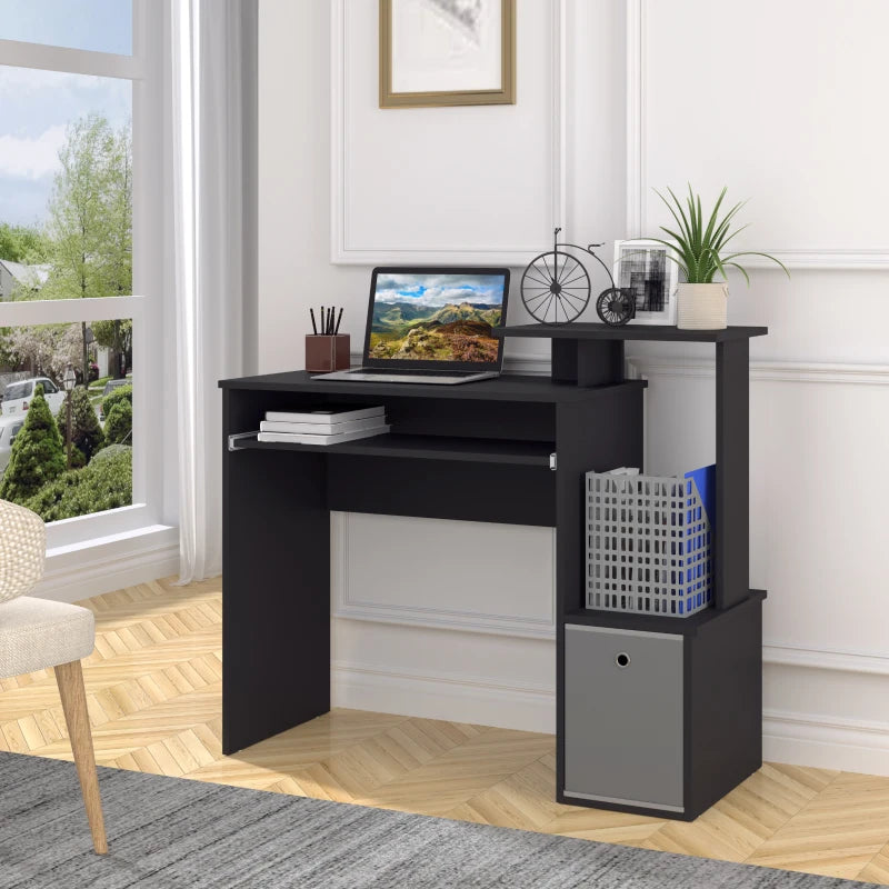Black Computer Desk with Sliding Keyboard Tray, Storage Drawer & Shelf - Ideal Home Office Workstation