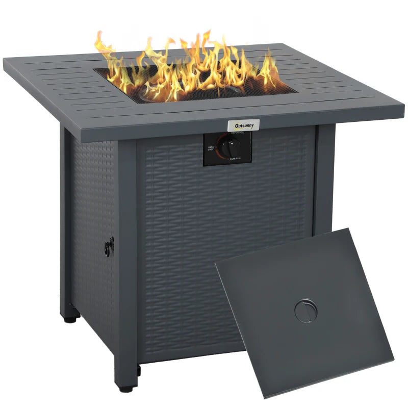 Square Grey Rattan-style Propane Gas Fire Pit Table - 40,000 BTU Smokeless Patio Heater with Thermocouple, Lava Rocks, Waterproof Cover, Spark Guard and Lid