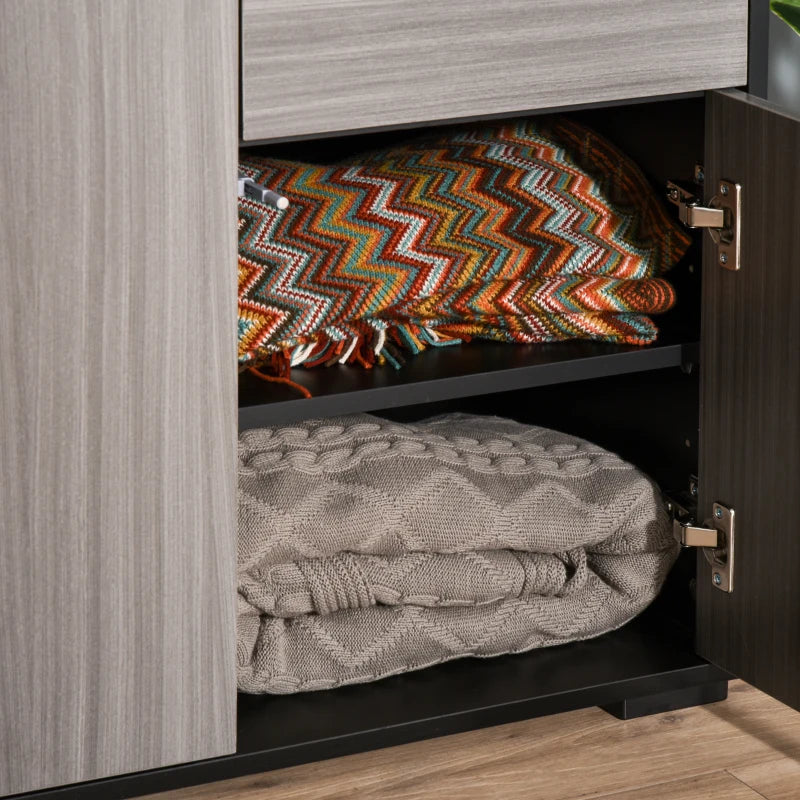 High Gloss Side Cabinet with Push-Open Design, 2 Drawers & 2 Cabinets, Light Grey & Black, 74H x 117W x 36Dcm