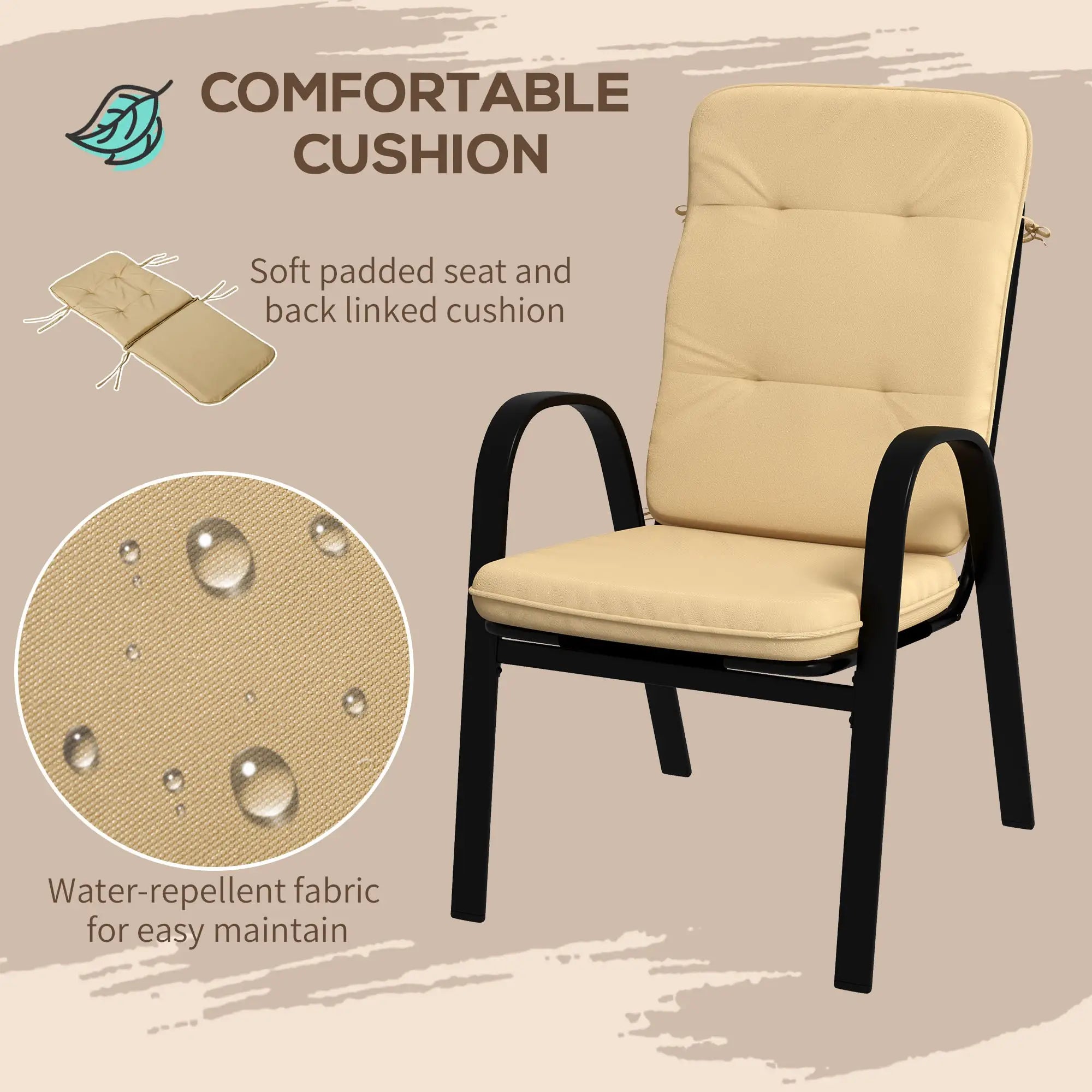 Beige 5-Piece Outdoor Square Garden Dining Set w/ Tempered Glass Dining Table, 4 Cushioned Armchairs & Umbrella Hole