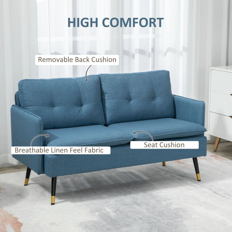 Modern Button Tufted Two Seater Sofa with Cushions and Steel Legs for Living Room, Dark Blue