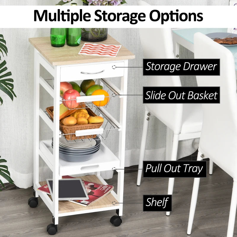 Compact Mobile Rolling Kitchen Island Trolley with Metal Baskets & Shelves - Stylish White Storage Solution on Wheels