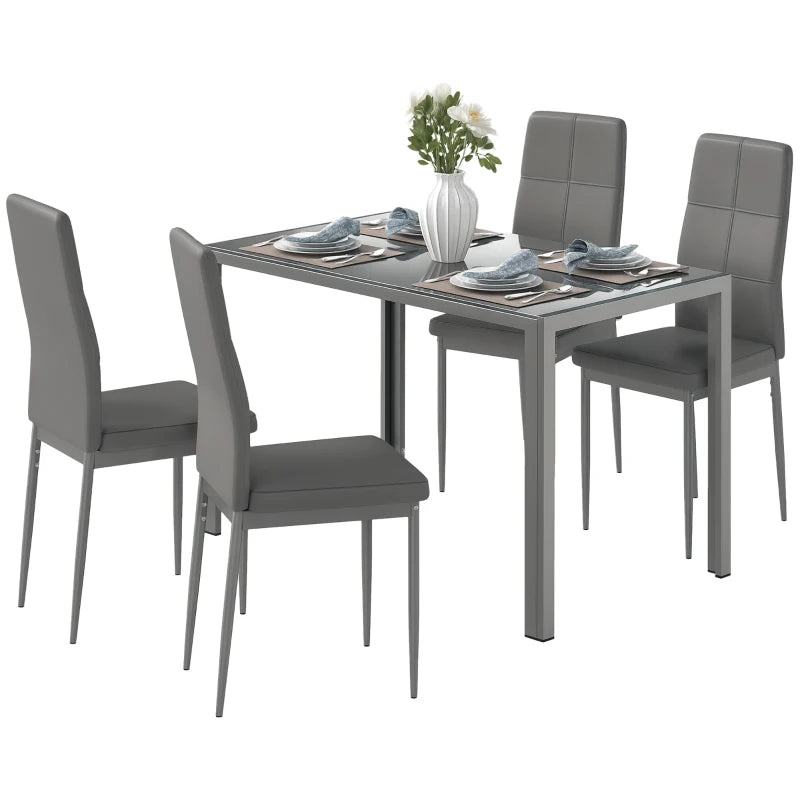 5-Piece Grey Kitchen Dining Table Set with Glass Top & 4 Faux Leather Chairs - Modern Metal Frame Design