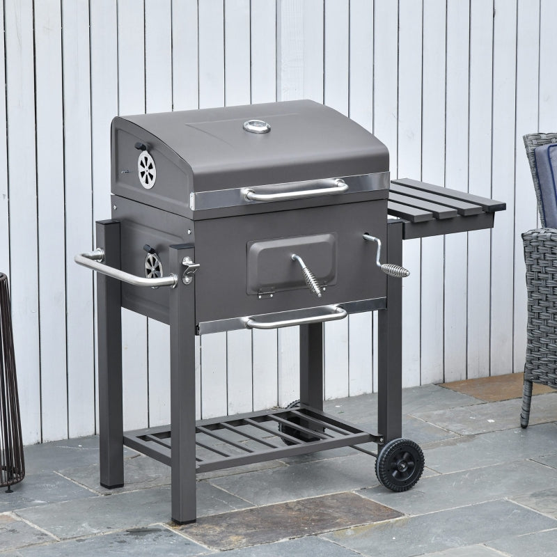 Charcoal BBQ Grill with Adjustable Grate, Smoker, Shelf, Wheels - Black