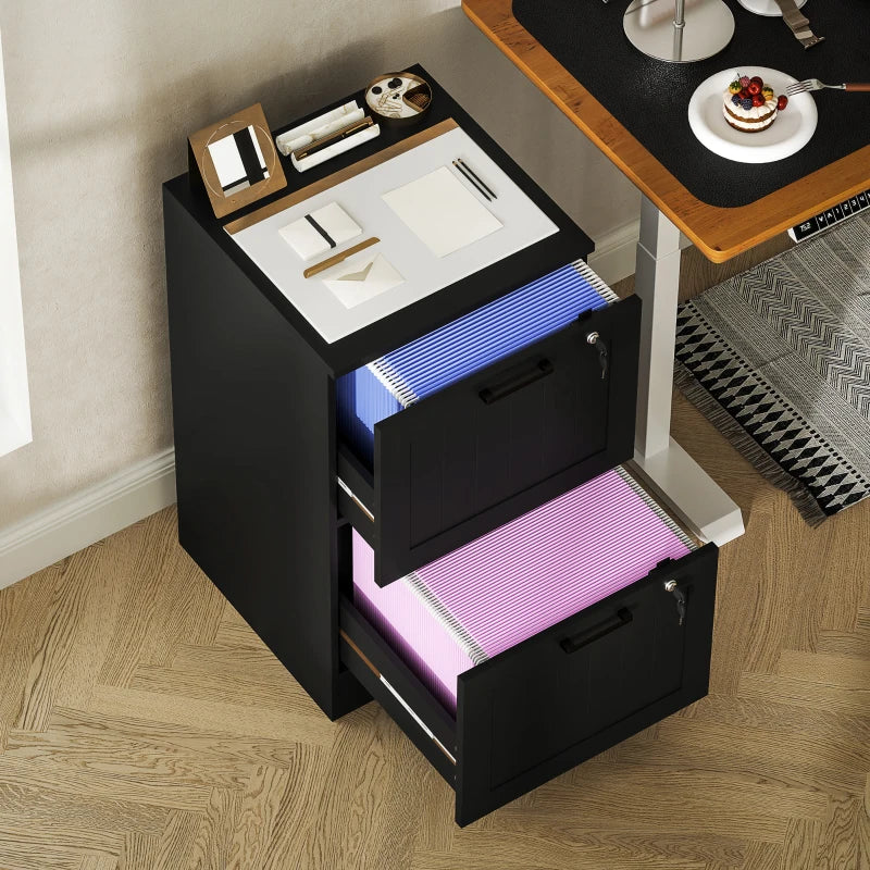 Secure 2 Drawer Filing Cabinet with Lock - Adjustable Hanging Bars for A4 Files - Stylish Black Office Storage Solution