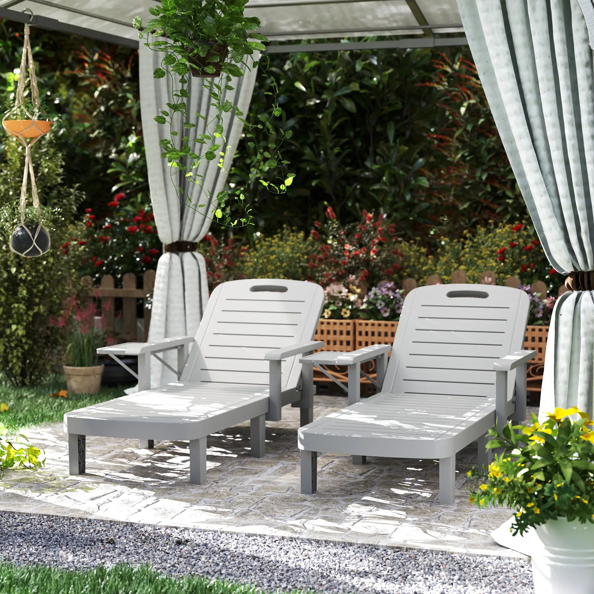 Light Grey Set of 2 Resin Reclining Sun Loungers for Garden - 5 Positions - Adjustable Outdoor Chaise Lounge Chairs