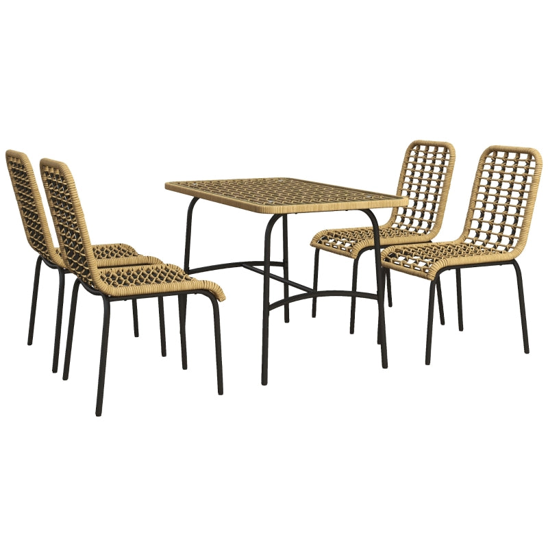 5-Piece Rattan Garden Dining Set with Glass Tabletop - Natural Wood