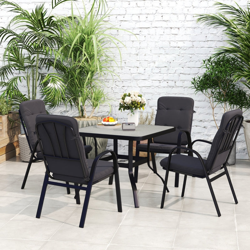 5-Piece Outdoor Square Garden Dining Set with Glass Table & Cushioned Chairs - Black