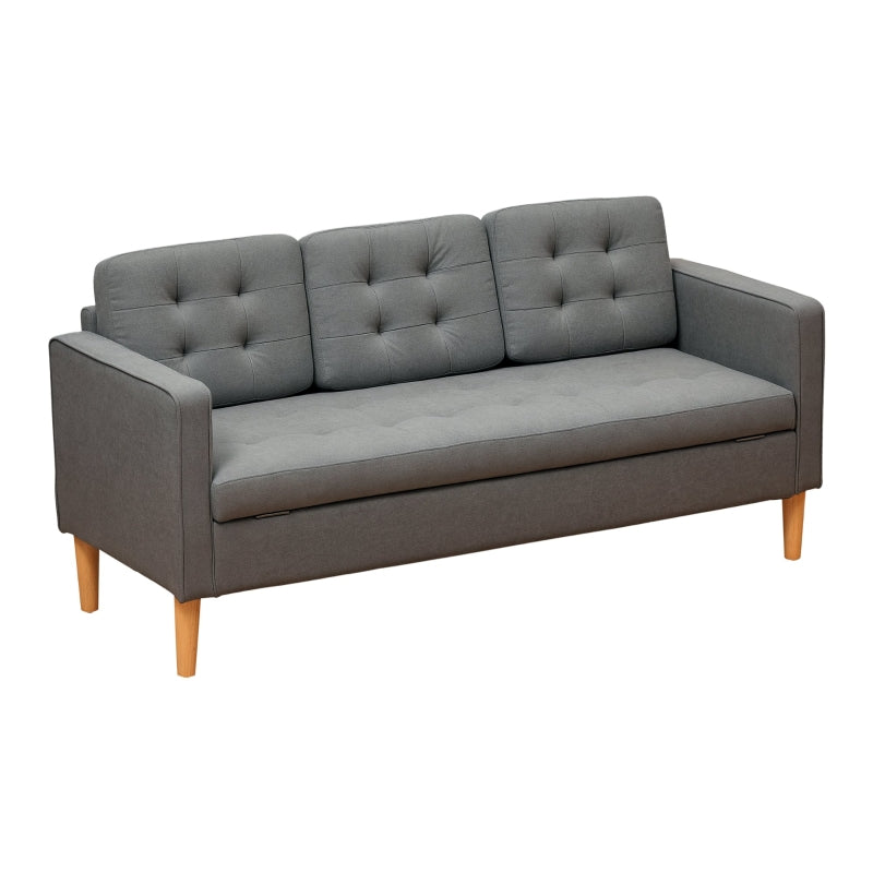 Modern 3-Seater Sofa with Hidden Storage, 169cm Tufted Cotton Couch, Compact Grey Living Room Furniture