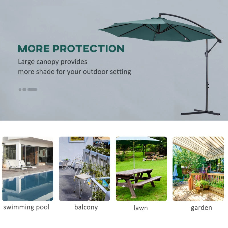 Dark Green Hanging Cantilever Umbrella with Crank Handle - Outdoor Sun Shade