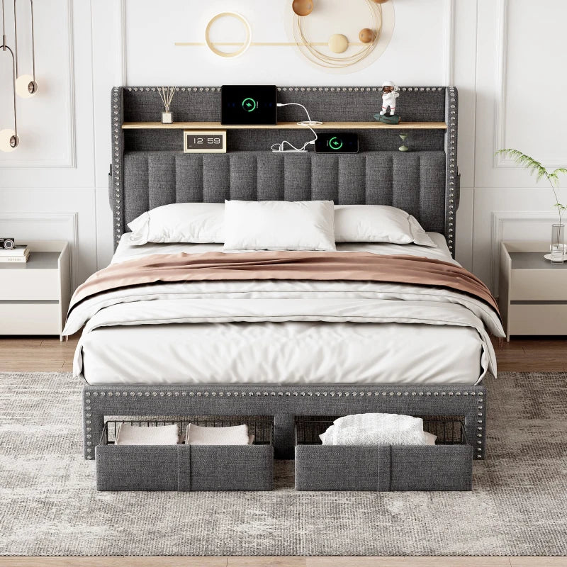 Double Upholstered Bed with Storage Drawers and Charging Ports in Grey Linen Frame
