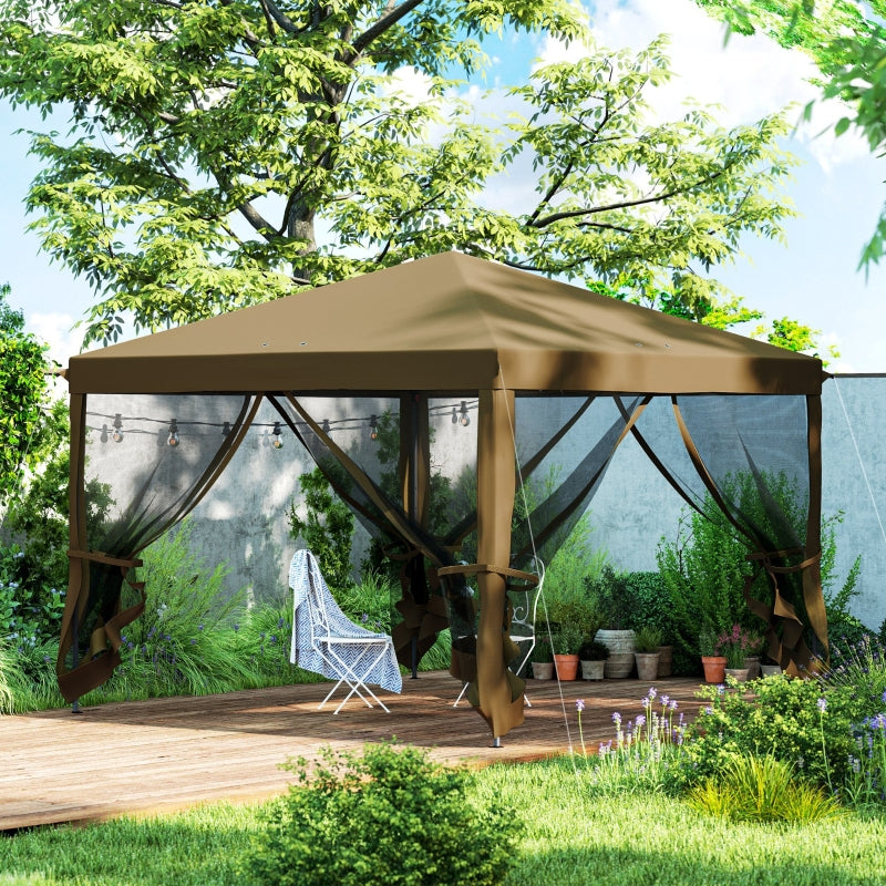 3m x 3m Khaki Pop Up Gazebo - 420D Garden Tent Canopy with Removable Mesh Sidewall Netting & Carry Bag for Outdoor Patio