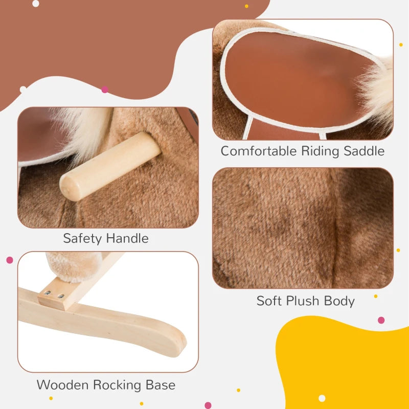Kids Plush Rocking Horse with Wooden Base - Ride-On Toy for Ages 3+, Fun Gift for Children (Brown)