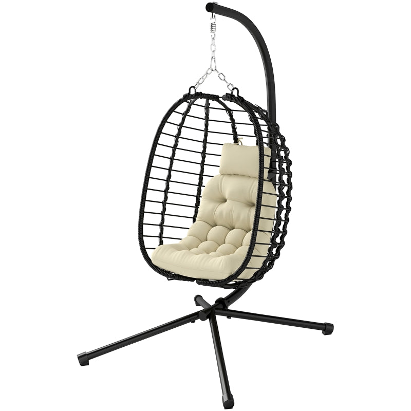 Rattan Hanging Egg Chair with Cushion, Adjustable Height, Steel Frame for Indoor Outdoor Use