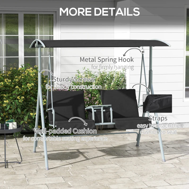 Black 2-Seater Patio Swing Chair with Tilting Canopy and Storage