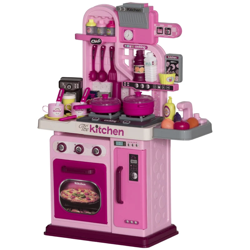 Kids Play Kitchen Set with 33 Accessories Lights Sounds Storage for Ages 3-6 Pink