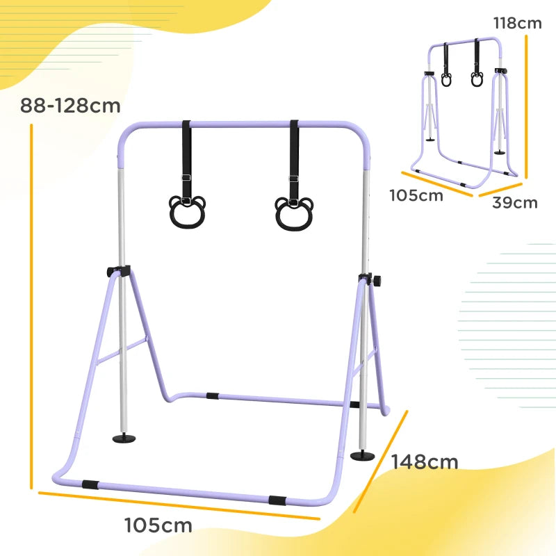 Adjustable Height Foldable Kids Gymnastics Bar with Non-slip Rubber Floor Rings for Ages 3 and Up in Purple